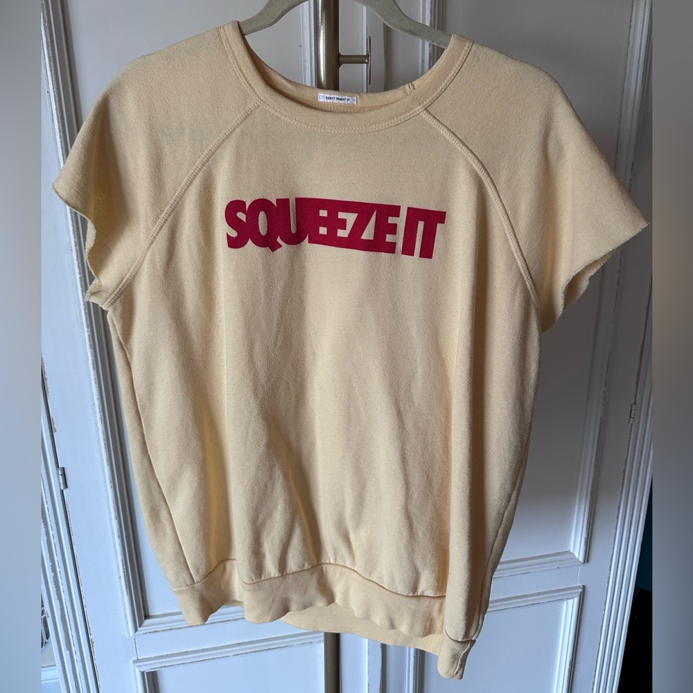 MOTHER Cream Yellow 'SQUEEZE IT' Short Sleeve Sweatshirt with Red Logo